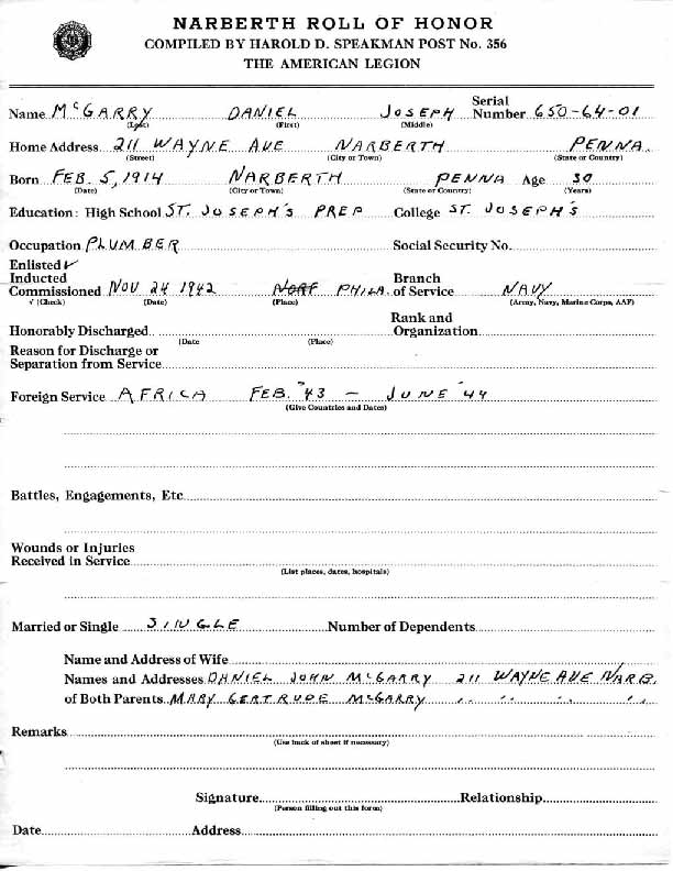 Roll of honor form for Daniel McGarry