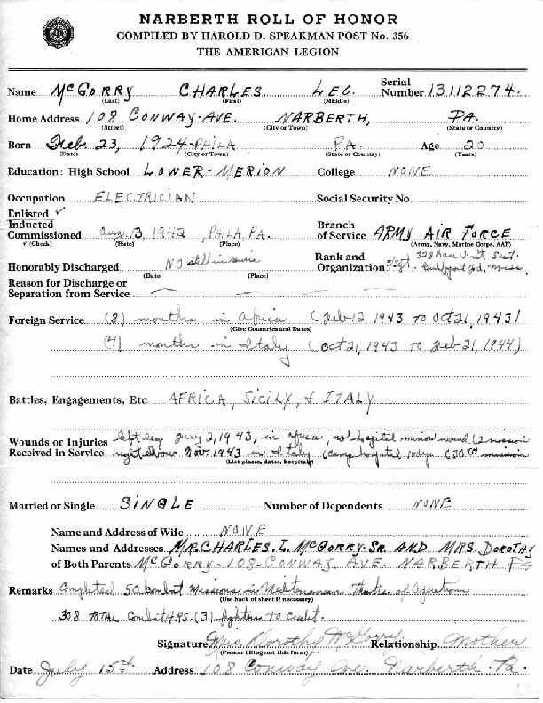 Roll of honor form for Charles McGorry