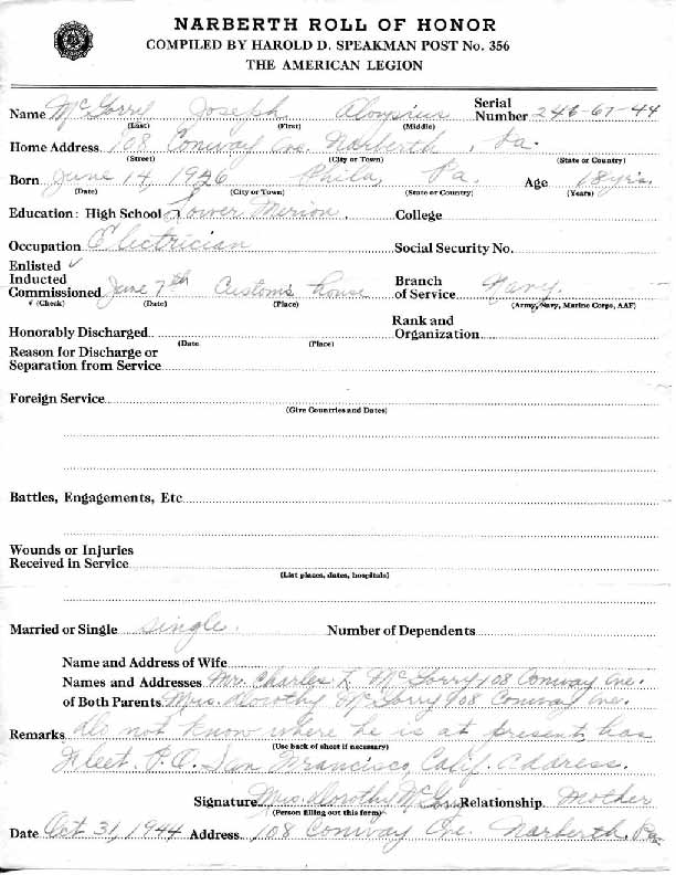 Roll of honor form for Joseph McGorry