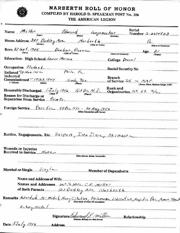 Roll of honor form for Edward Miller