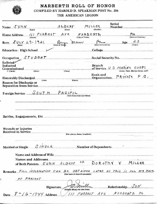 Roll of honor form for John Miller