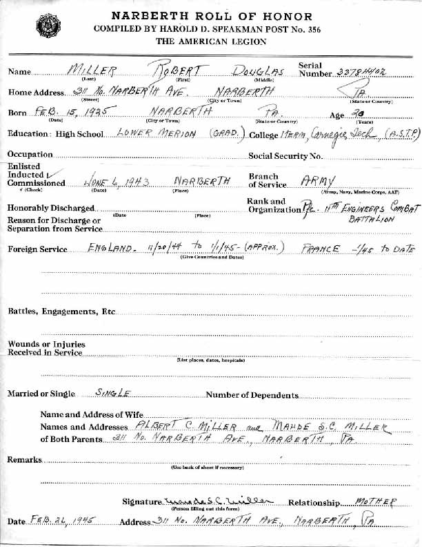 Roll of honor form for Robert Miller