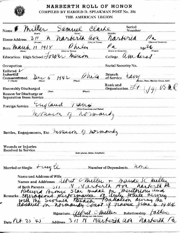 Roll of honor form for Samuel Miller