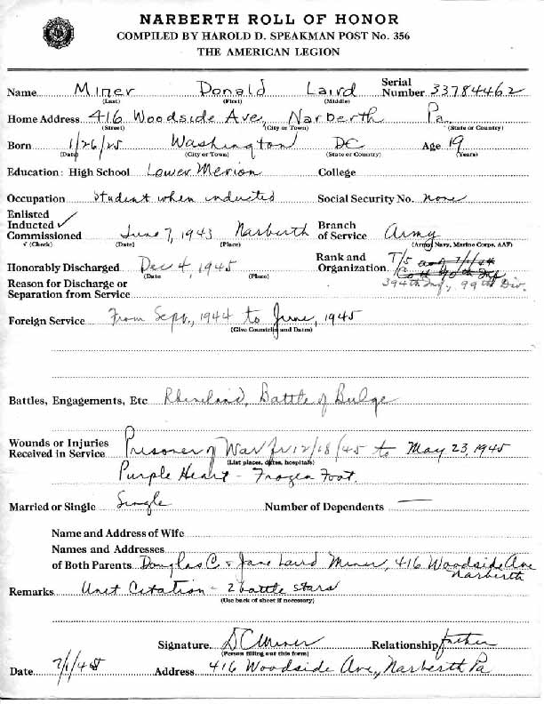 Roll of honor form for Donald Miner