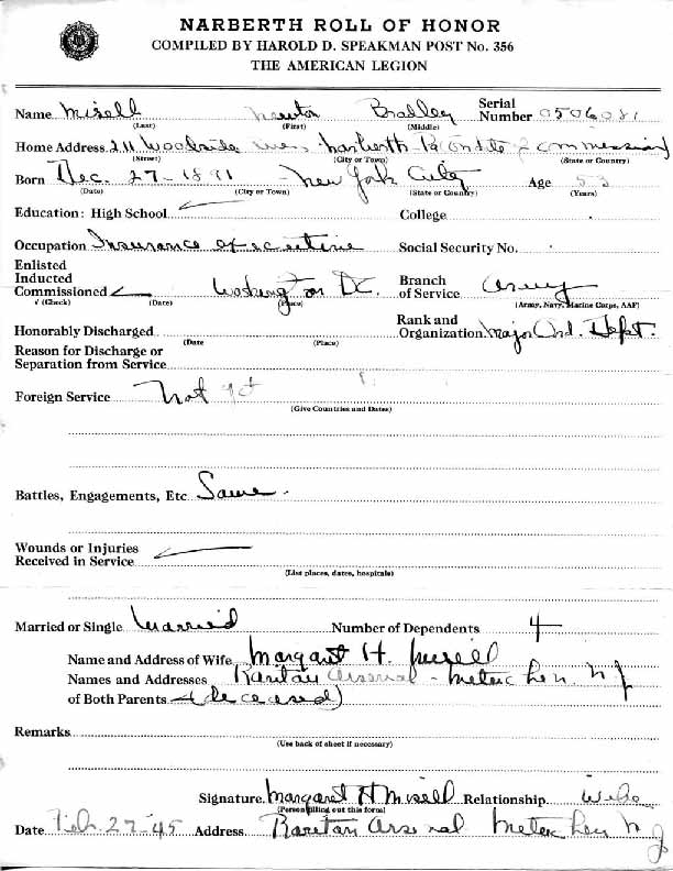 Roll of honor form for Newton Misell