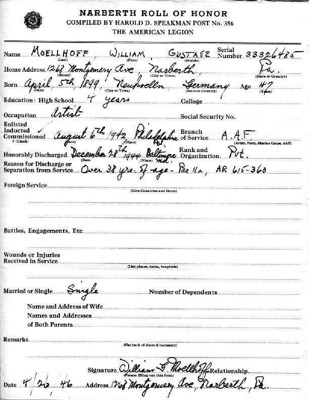 Roll of honor form for William Moellhoff