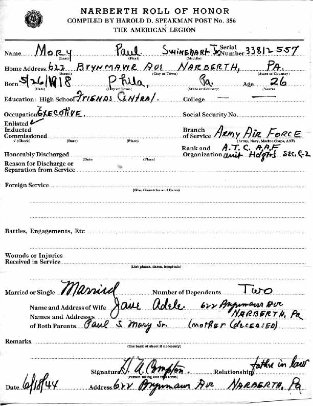 Roll of honor form for Paul Mory