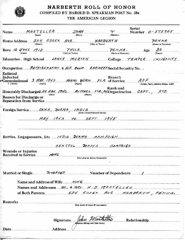 Roll of honor form for John Mosteller
