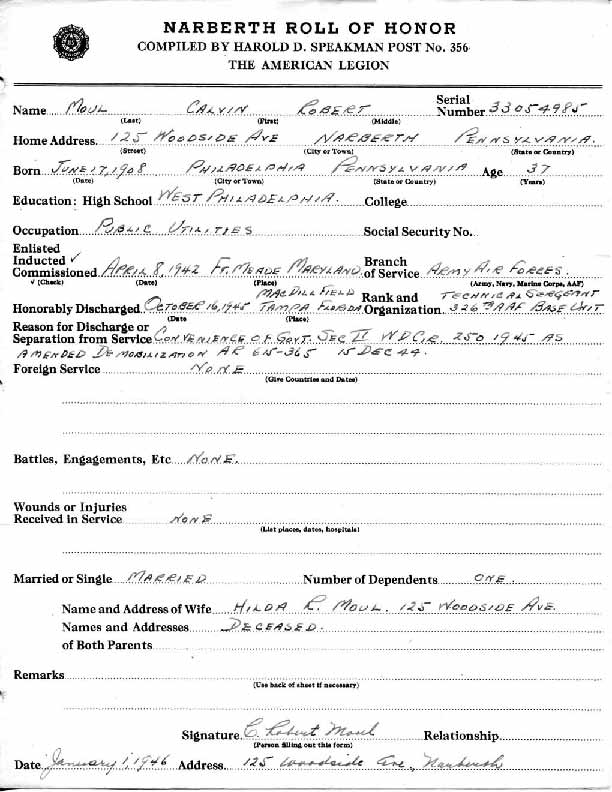 Roll of honor form for Calvin Moul