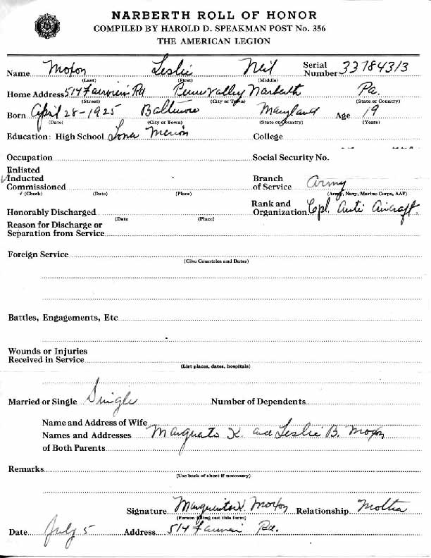 Roll of honor form for Leslie Moxon, front