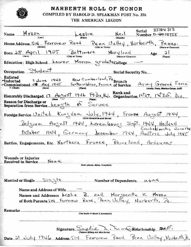 Roll of honor form for Leslie Moxon, back of sheet