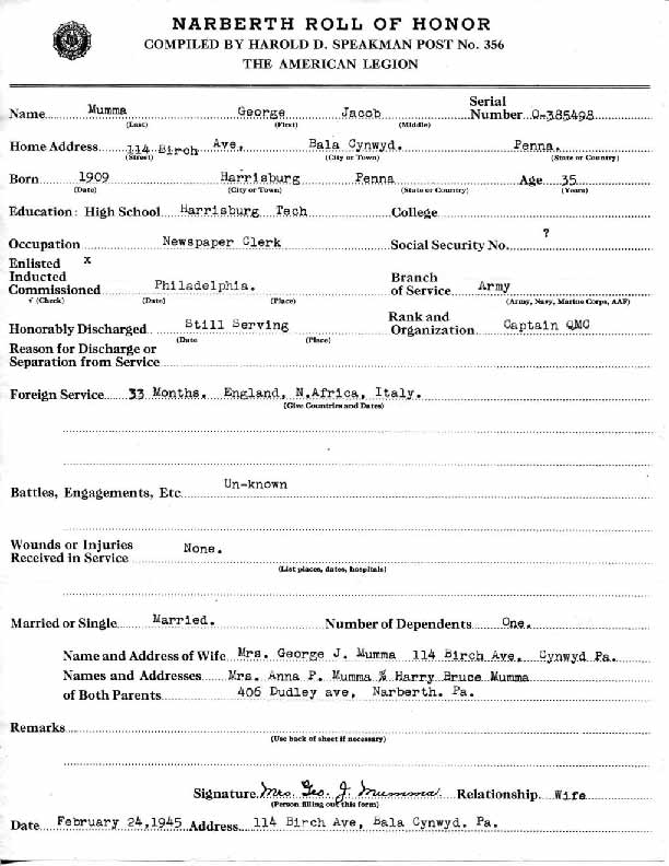 Roll of honor form for George Mumma