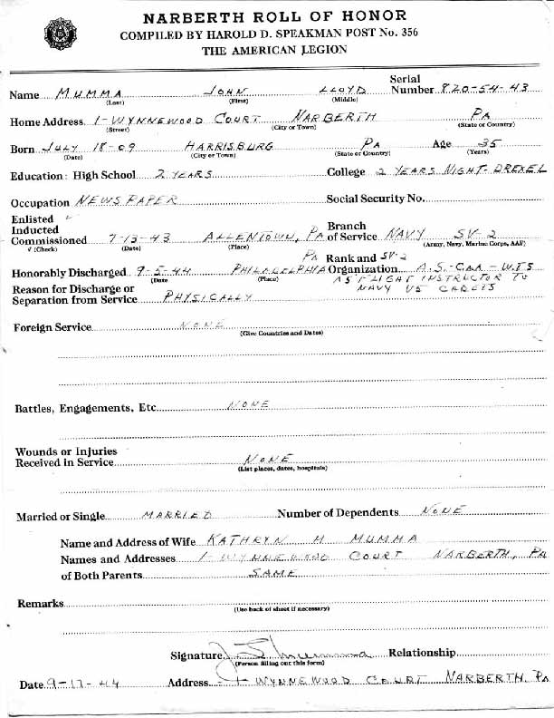 Roll of honor form for John Mumma