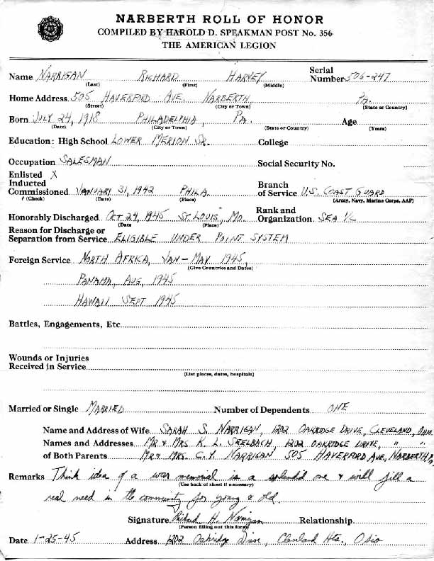 Roll of honor form for Richard Narrigan