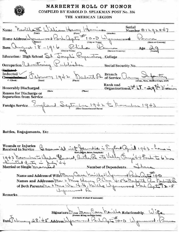 Roll of honor form for William Neville