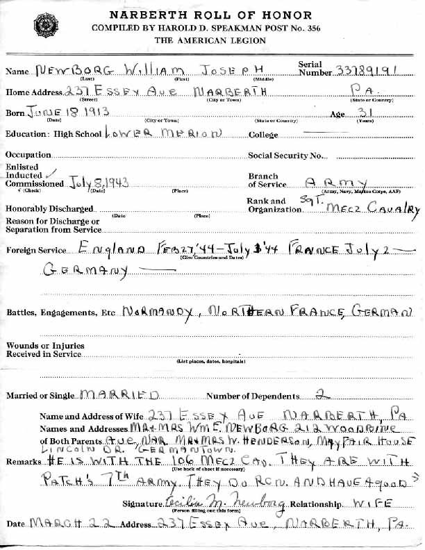 Roll of honor form for William Newborg, front