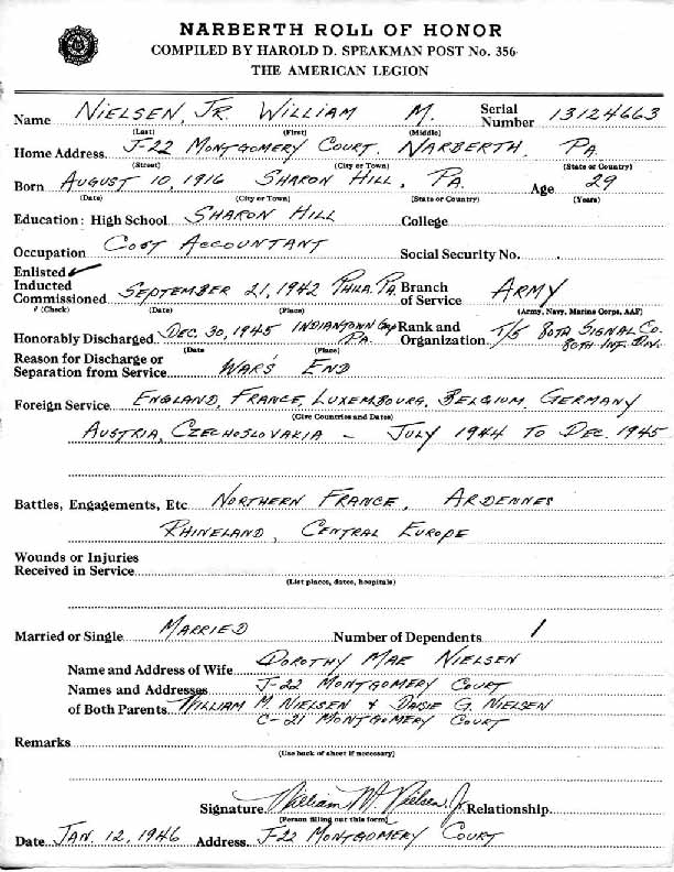 Roll of honor form for William Nielsen