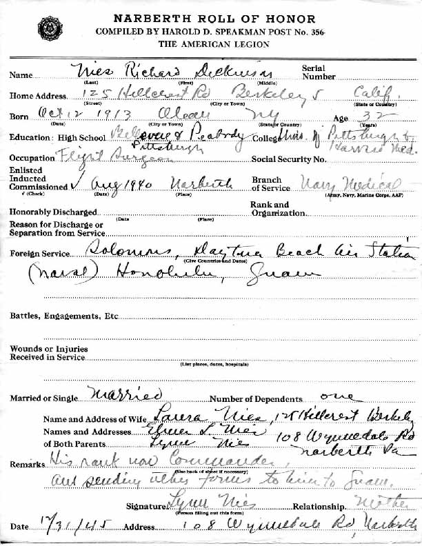 Roll of honor form for Richard Nies