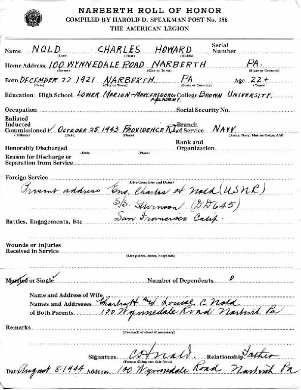 Roll of honor form for Charles Nold