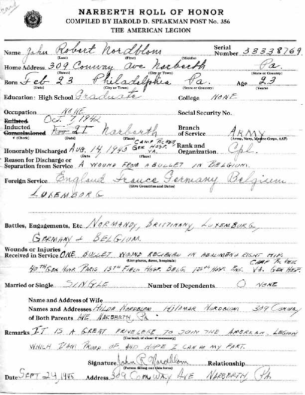 Roll of honor form for John Nordblom