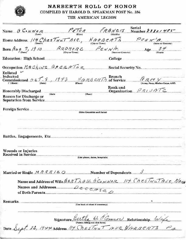 Roll of honor form for Peter O'Connor