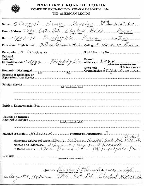 Roll of honor form for Francis O'Donnell