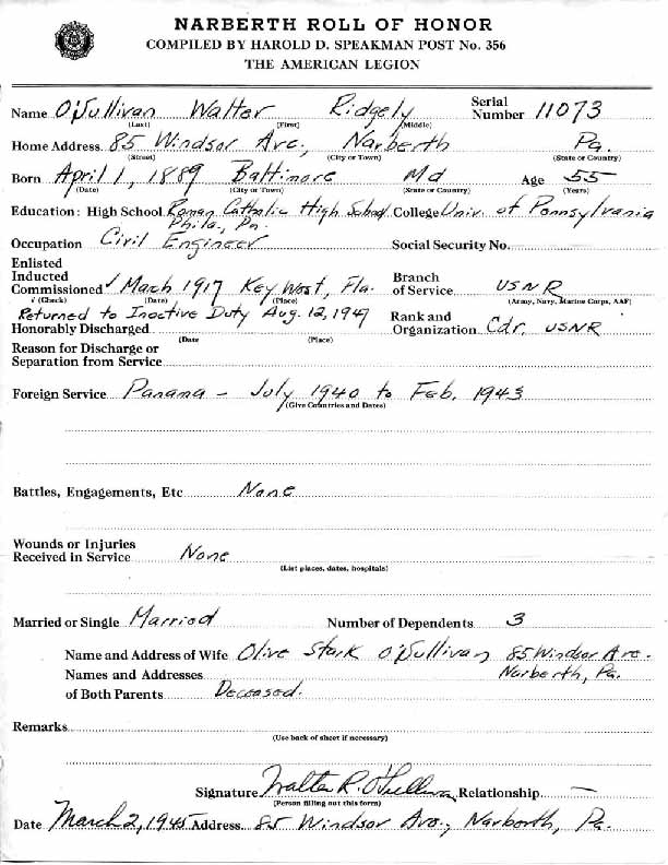 Roll of honor form for Walter O'Sullivan, front