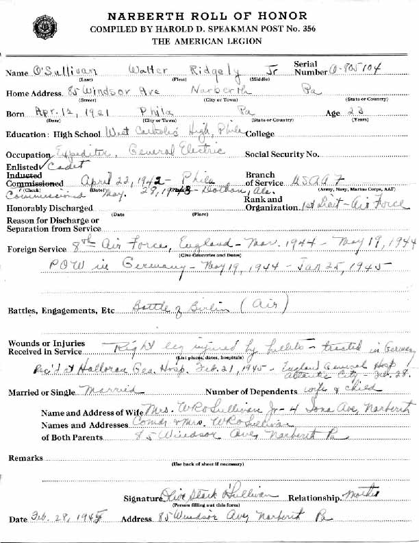 Roll of honor form for Walter O'Sullivan, back of sheet