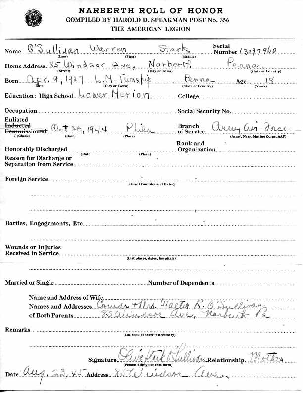 Roll of honor form for Warren O'Sullivan