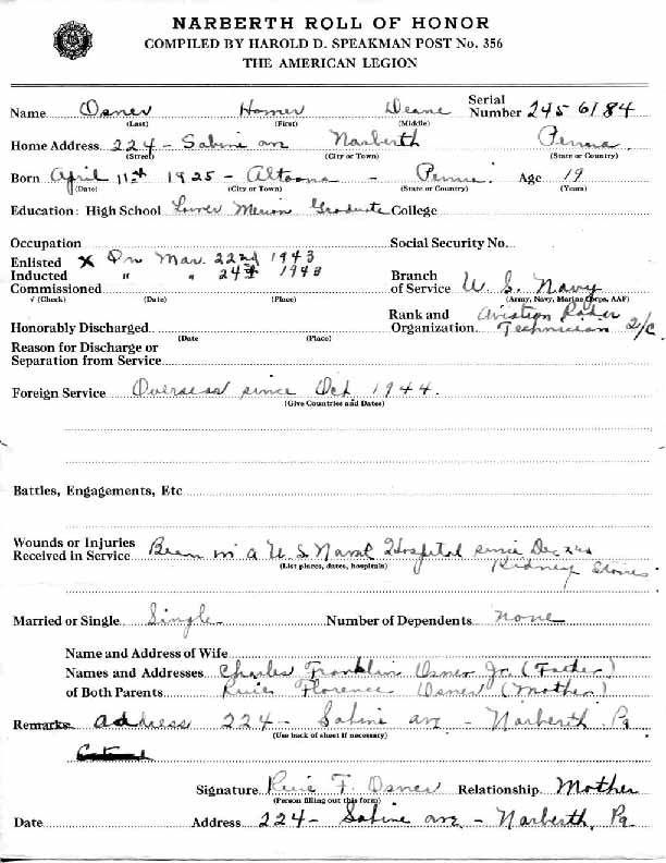 Roll of honor form for Homer Osner