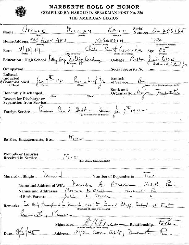 Roll of honor form for William Ovalle