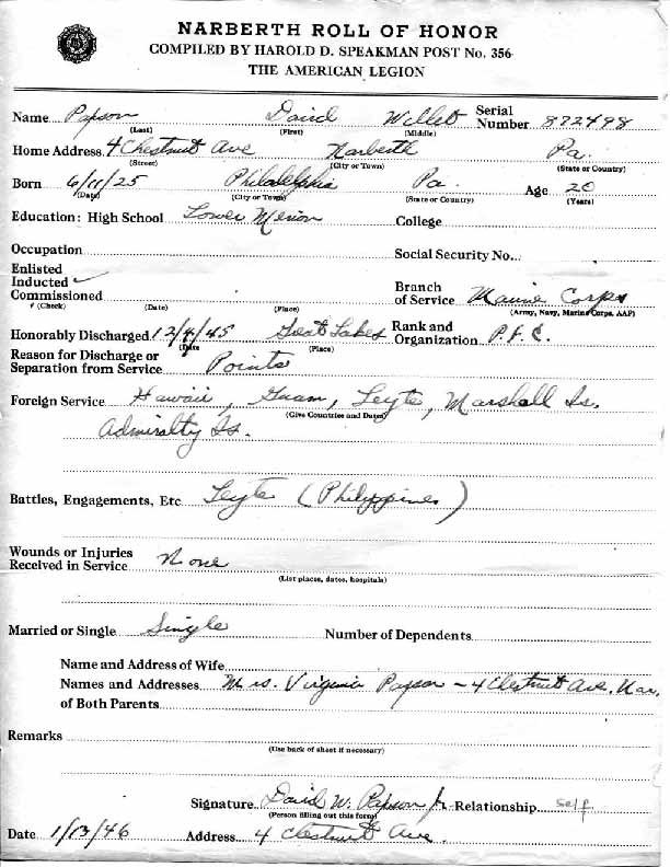 Roll of honor form for David Papson
