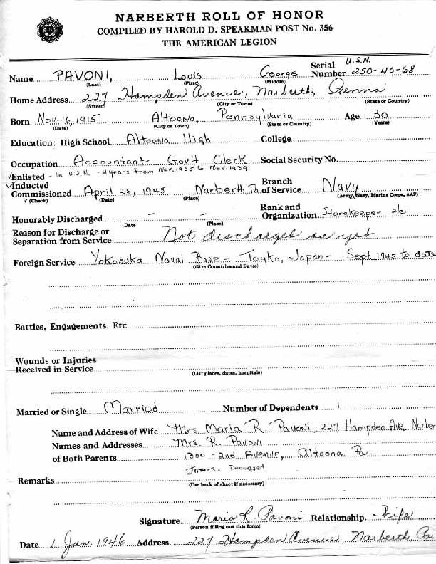 Roll of honor form for Louis Pavoni