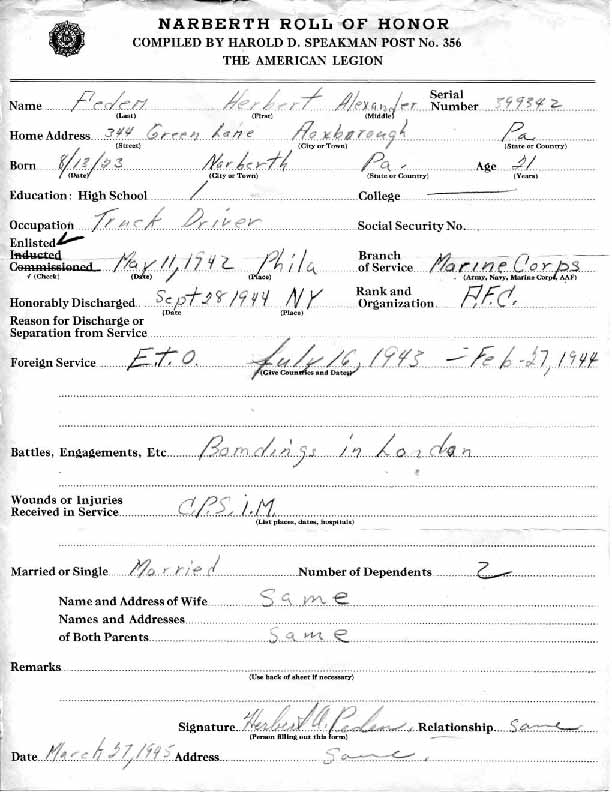 Roll of honor form for Herbert Peden