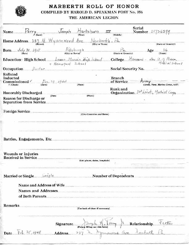 Roll of honor form for Joseph Perry