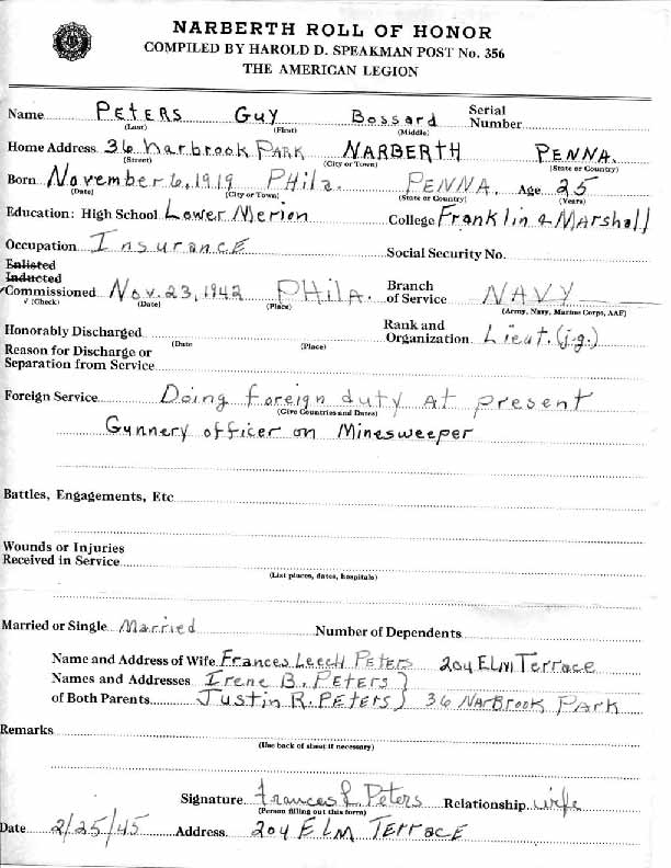 Roll of honor form for Guy Peters