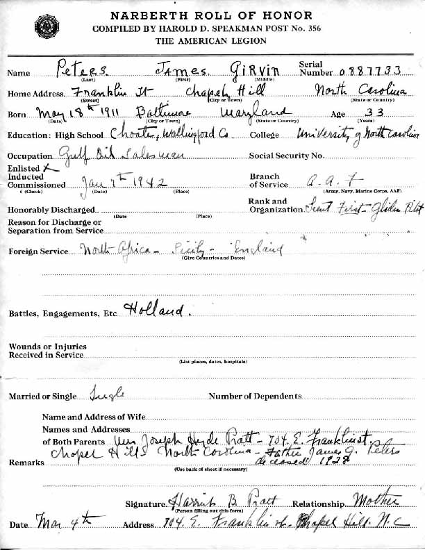 Roll of honor form for James Peters
