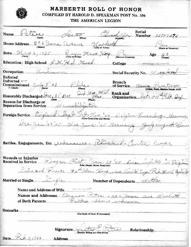 Roll of honor form for Lester Peters