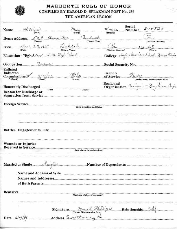 Roll of honor form for Mary Phillips