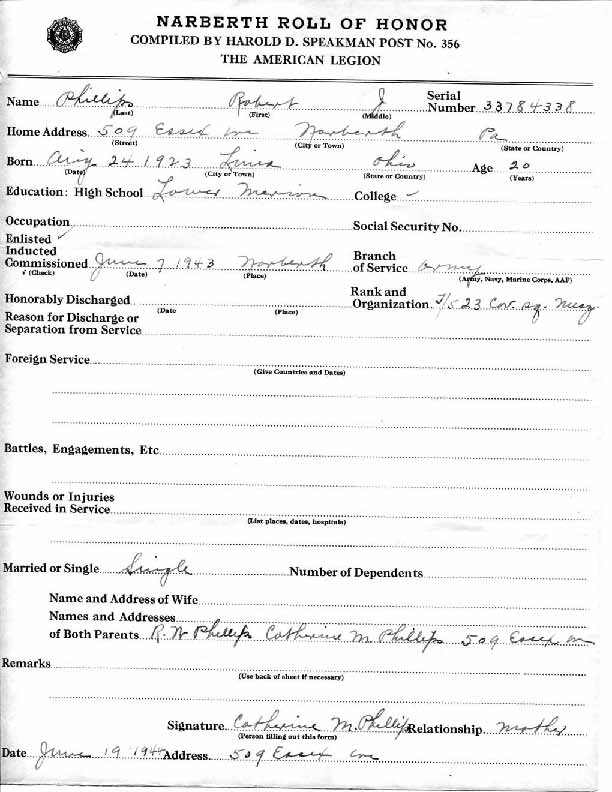 Roll of honor form for Robert Phillips