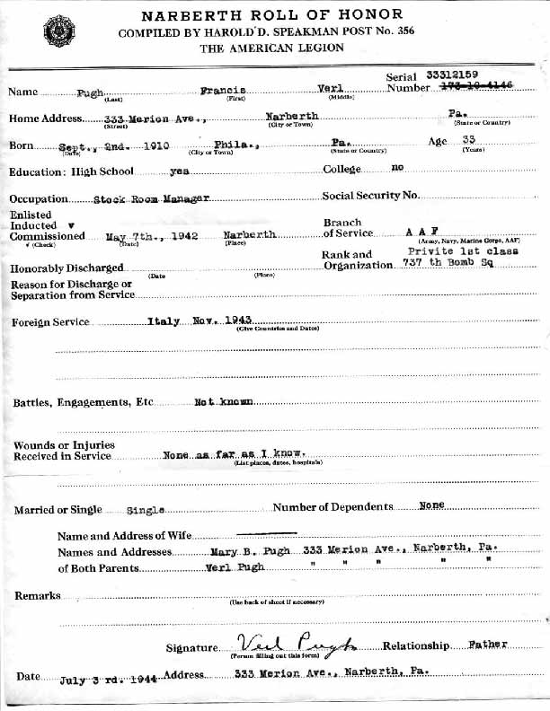 Roll of honor form for Francis Pugh