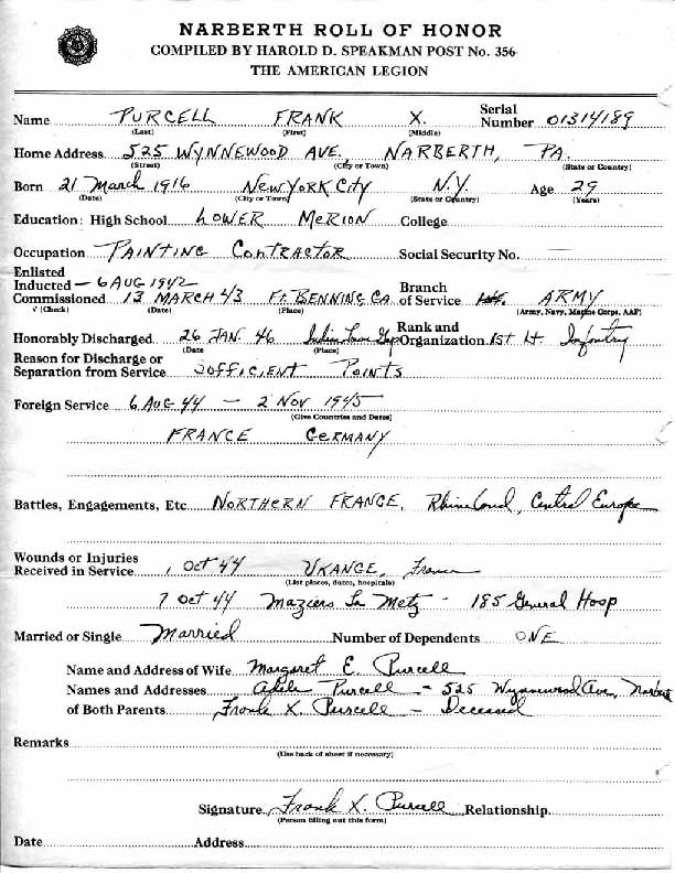 Roll of honor form for Frank Purcell