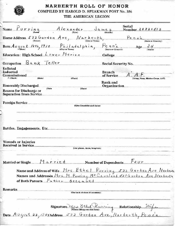 Roll of honor form for Alexander Purring