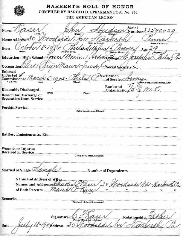 Roll of honor form for John Raser