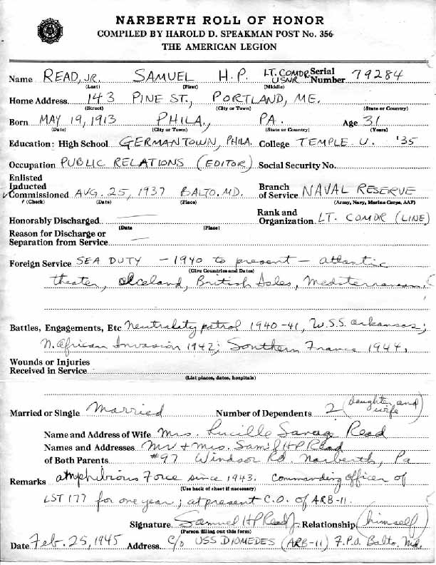 Roll of honor form for Samuel Read