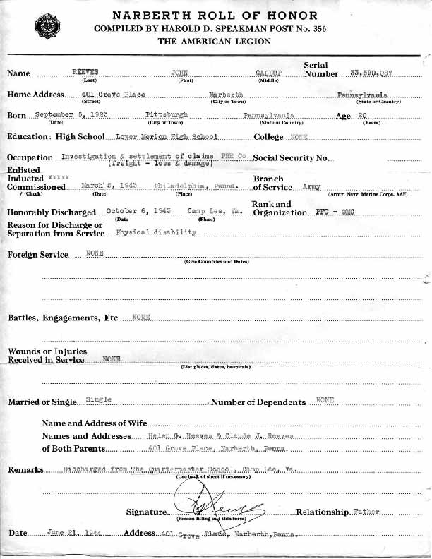 Roll of honor form for John Reeves
