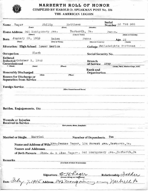 Roll of honor form for Philip Reger