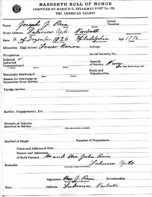 Roll of honor form for Joseph Rein