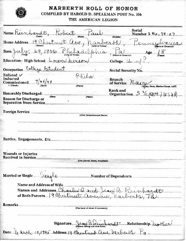 Roll of honor form for Robert Reinhardt