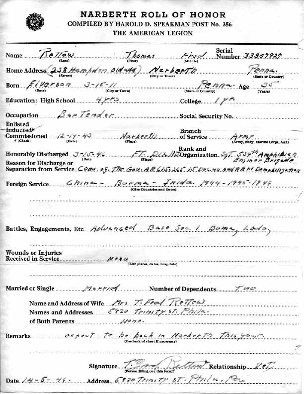 Roll of honor form for Thomas Rettew